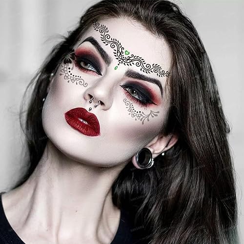 Miniatura 4 de Paquete de 9 calcomanías de maquillaje facial de ojos, impermeables, de encaje negro, tatuaje temporal para mujeres y niñas, Halloween, Navidad,