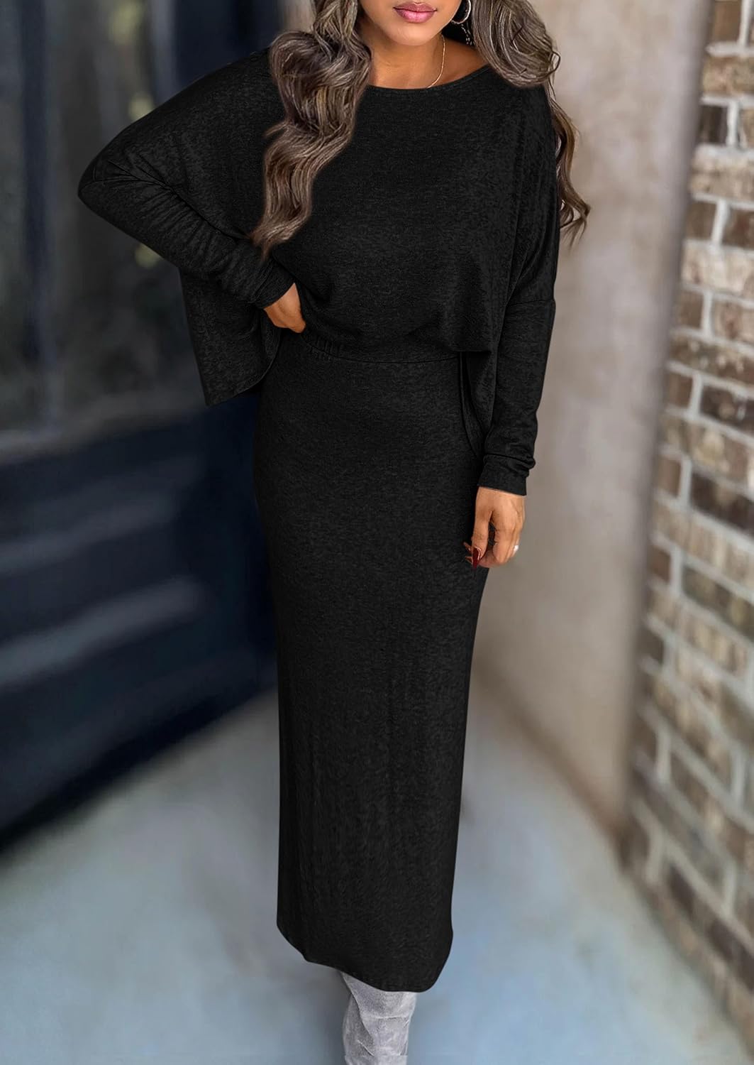 PRETTYGARDEN Women's Fall 2026 Two Piece Matching Skirt Sets Long Sleeve Tops Maxi Long Slit Bodycon Skirts Vacation Outfits - Image 3