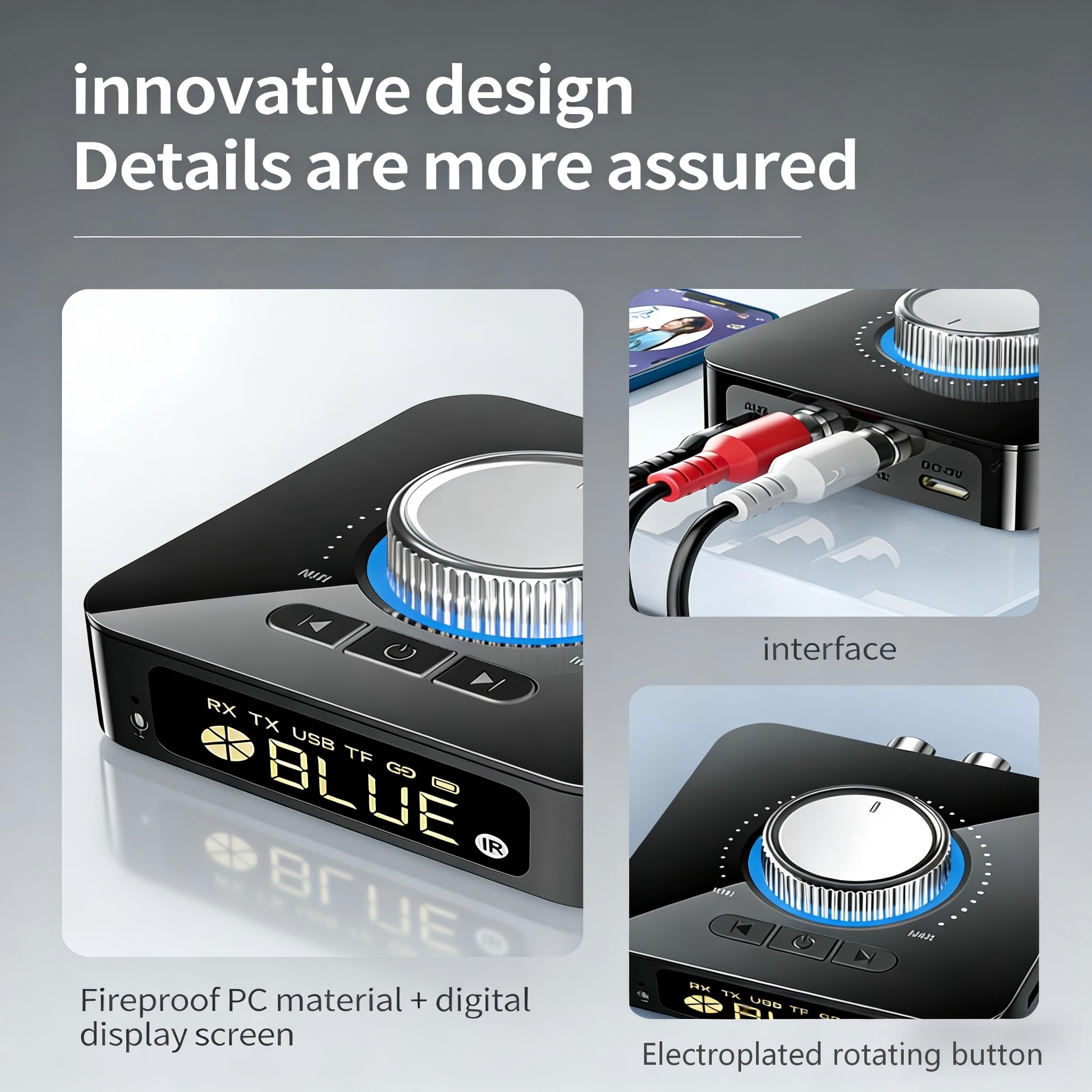Adaptateur Bluetooth 6.0 HiFi, Émetteur/Récepteur avec Affichage LED, 2RCA/3.5mm AUX, Lecture USB/TF et Appels Mains Libres, Compatible avec Smartphone/Home Cinéma/Voiture/TV/PC/Enceintes