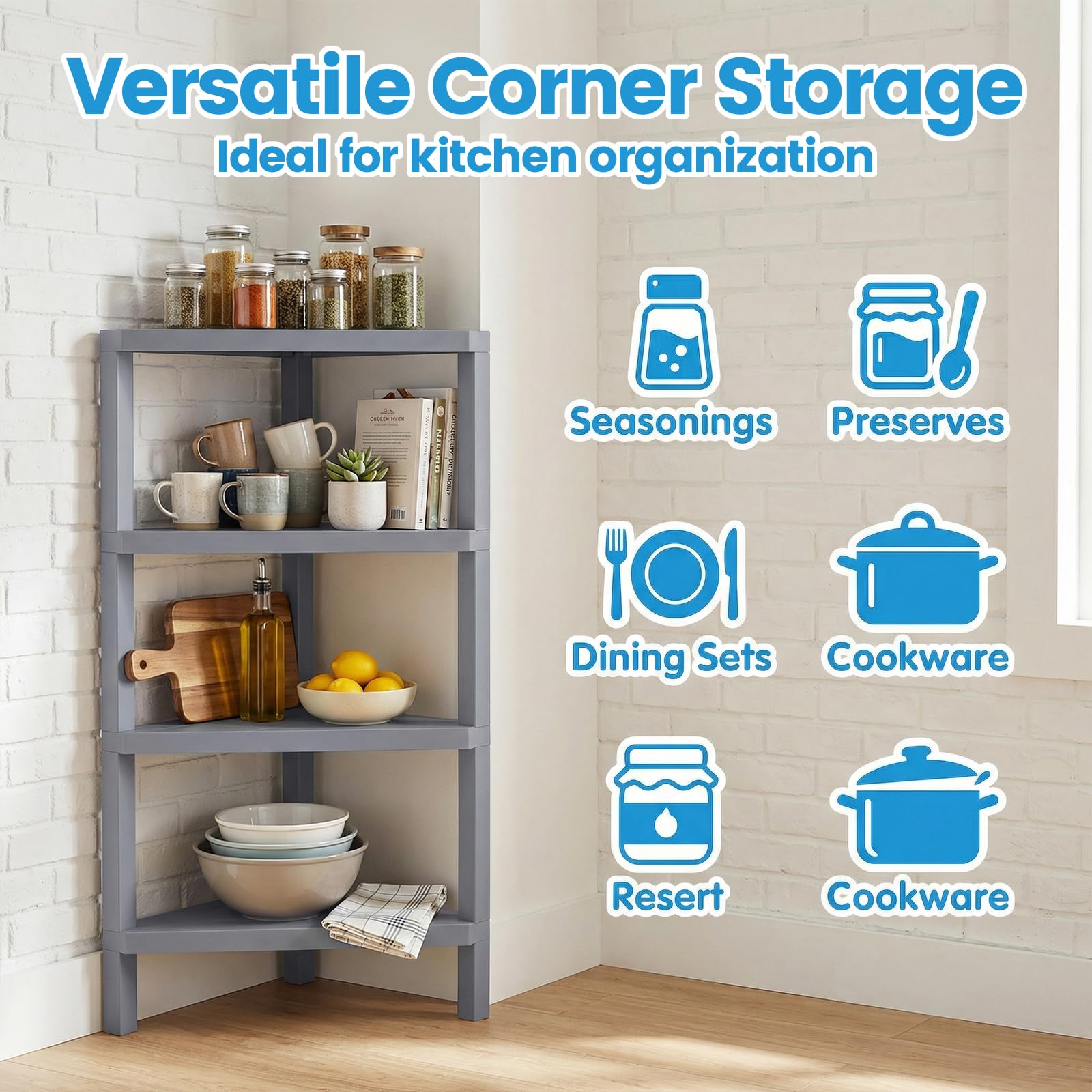 KOMFOTTEU - Estantes esquineros de 4 niveles, carga de 32 kg, mueble esquinero, plástico con estantes de láminas, ideal para baño, cocina, sala de estar, dormitorio, oficina, 46 x 33 x 99 cm (gris)
