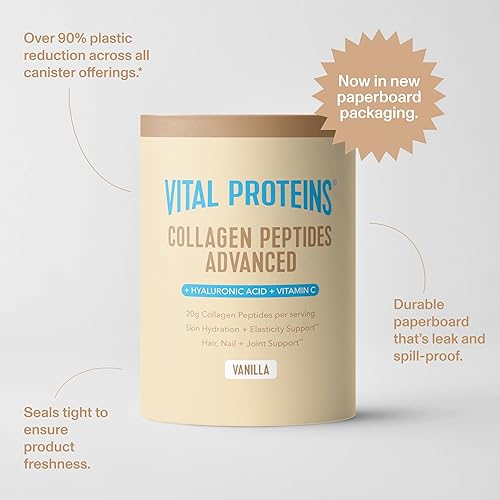 Miniatura 10 de Vital Proteins Péptidos de colágeno avanzados, péptidos hidrolizados con ácido hialurónico y vitamina C - Polvo sabor vainilla, 21 onzas