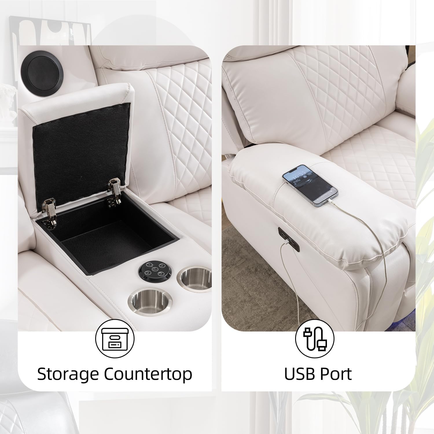 Power Recliner Sofa Set for Living Room, 3 Seater Faux Leather Reclining Couch Sofa, Home Theater Love seat Sets with Bass Speaker, Loveseat Recliner with Cup Holder, USB Port, LED Lights, White