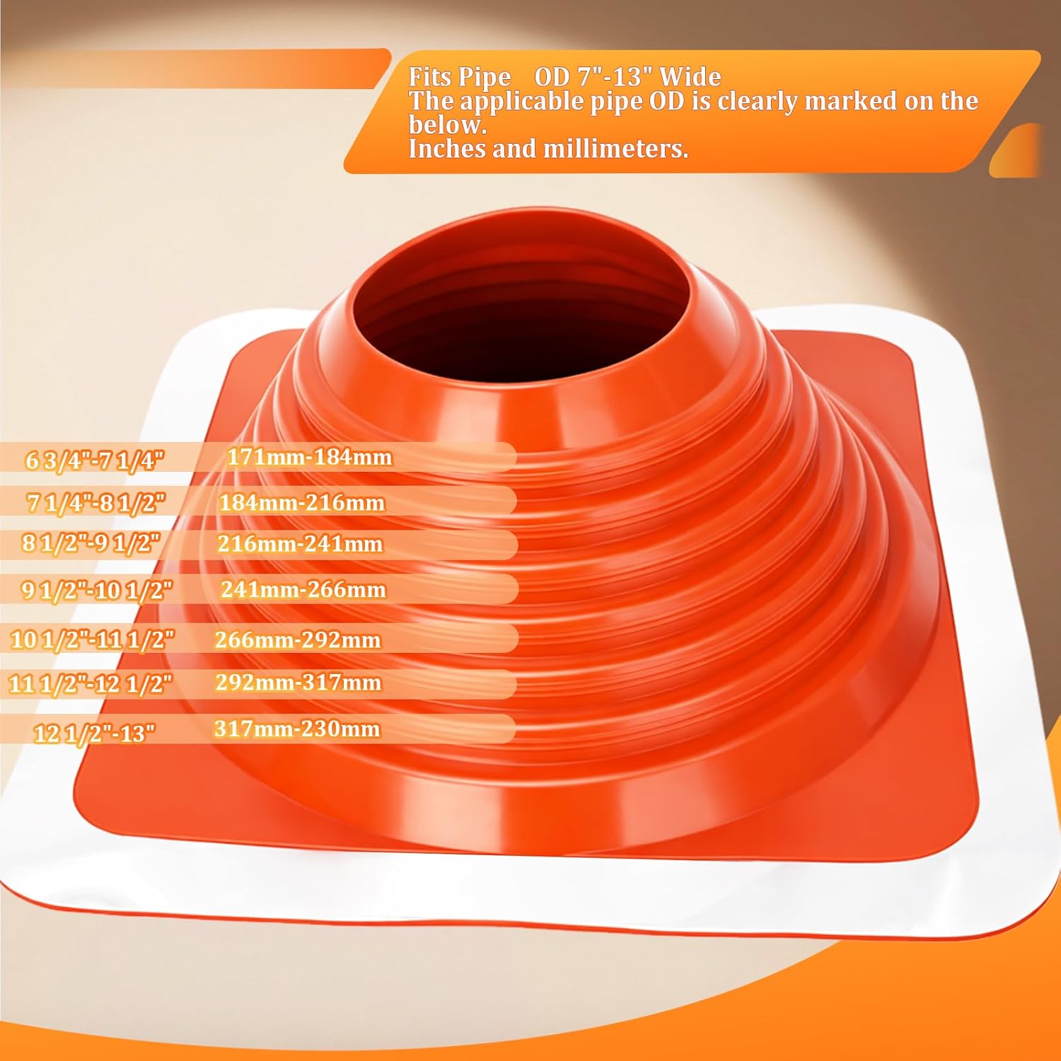 #8 High Temp Silicone Chimney Boot for Metal Roof Vent Pipes, Roof Pipe Flashing Boot for Pipe OD 7" - 13" Included Roofing Screws & Hex Socket, Metal Square Base Flexible Jack Pipes Flashing