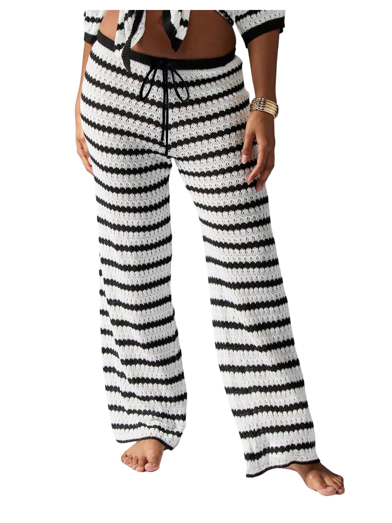 MakeMeChic Womens Fall Striped Pants Crochet Tie Front Elastic Waist Wide Leg Lounge Pants Knit Sweatpants