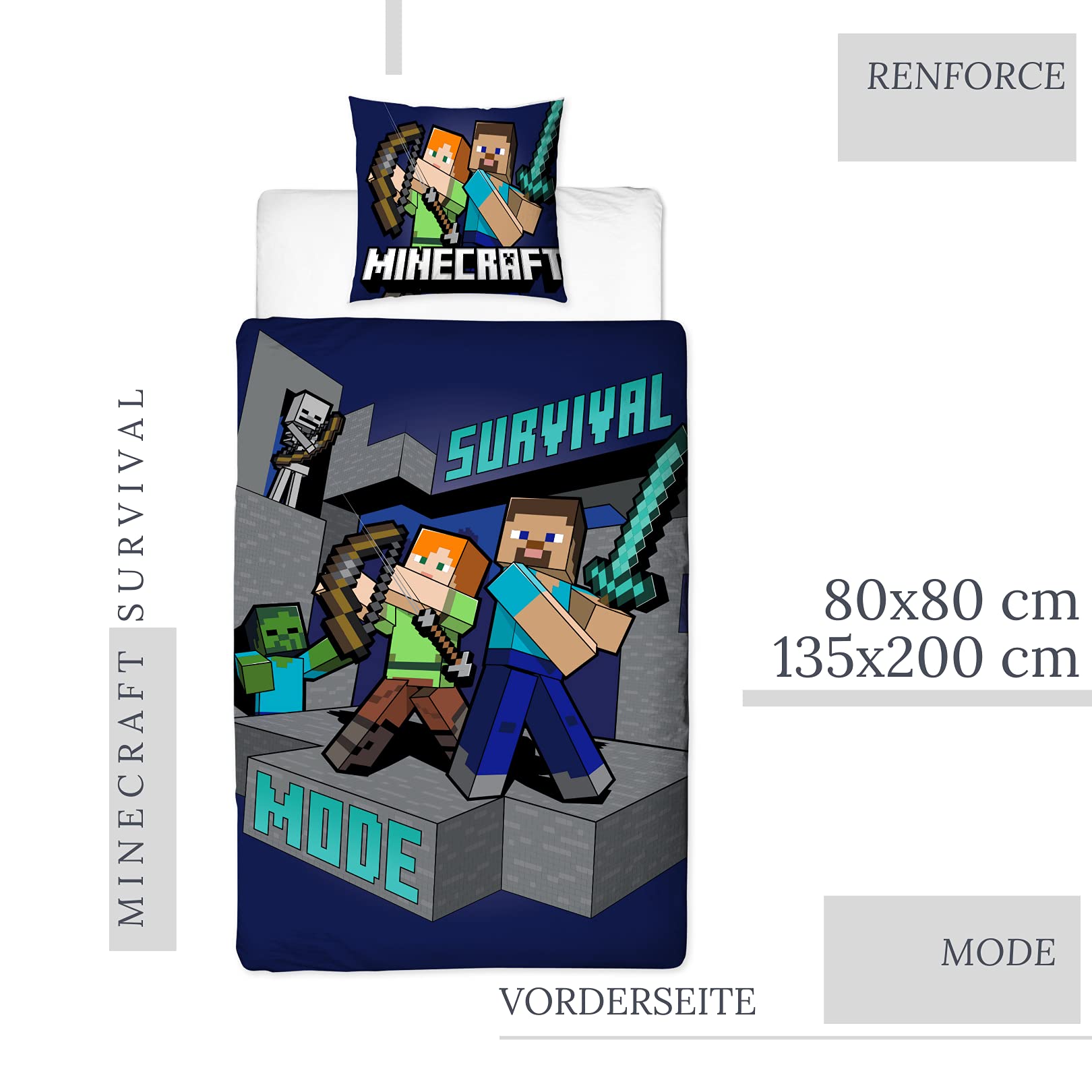 Minecraft Bettwäsche Set 2x - 135x200cm & 80x80cm Baumwolle Gaming