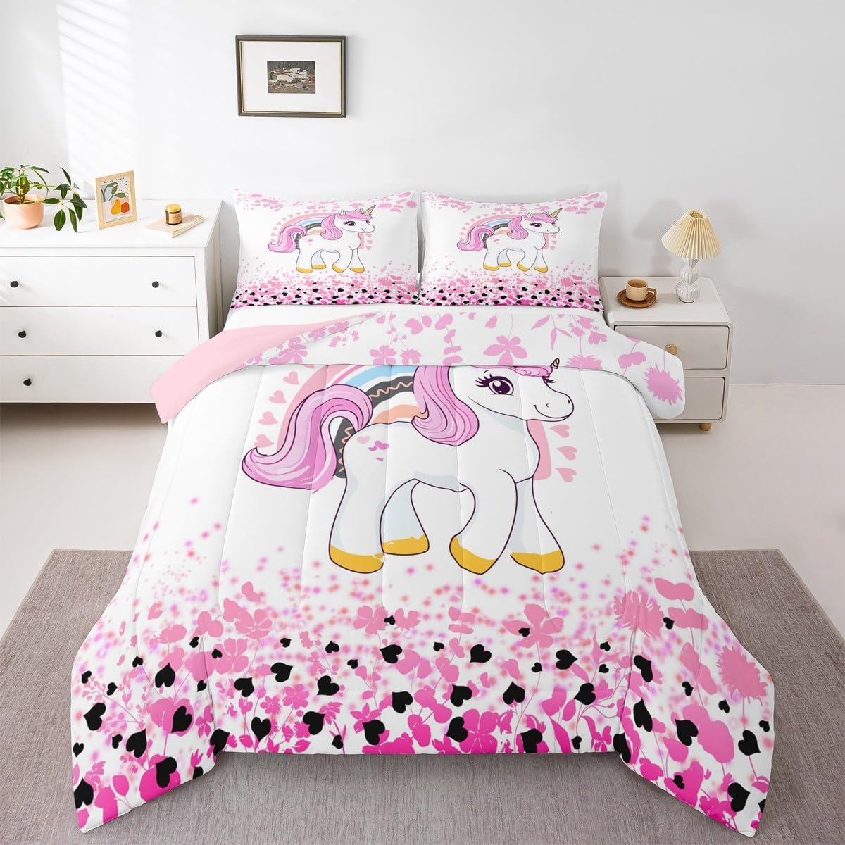 Feelyou Moon Stars Unicorn Comforter Set Queen Size, Fairy Cute Unicorn Bedding Set Galaxy Butterfly Unicorn Comforter Reversible Purple Duvet Set