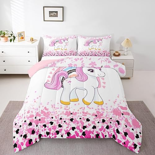 Feelyou Juego de ropa de cama de unicornio para niñas, bonito edredón con purpurina de unicornio de dibujos animados arco iris para niños, juego de