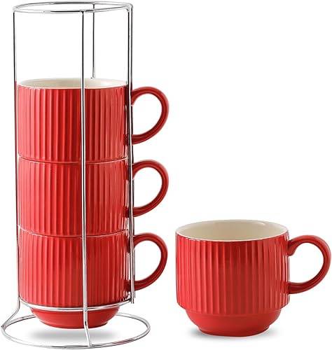 Vista 121 de Hasense Juego de 4 tazas de café de cerámica con soporte, 15 onzas, apilables, grandes, de porcelana, acanaladas, para capuchino, té, cacao