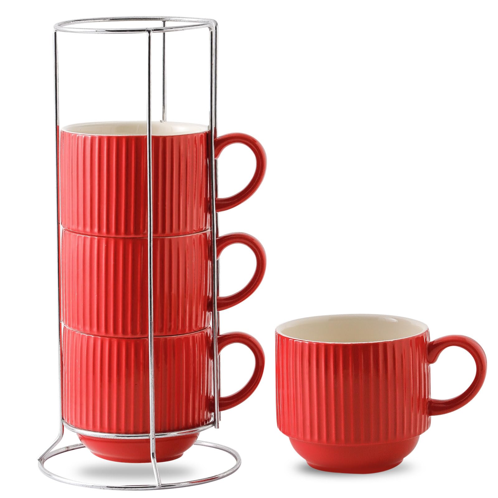 Hasense Red Coffee Mugs, 15 oz Stackable Coffee Cups Set of 4 with Rack - Ceramic Large Ribbed Modern Latte Cup Set for Cappuccino, Tea, Hot Cocoa, Drinks - Dishwasher & Microwave Safe