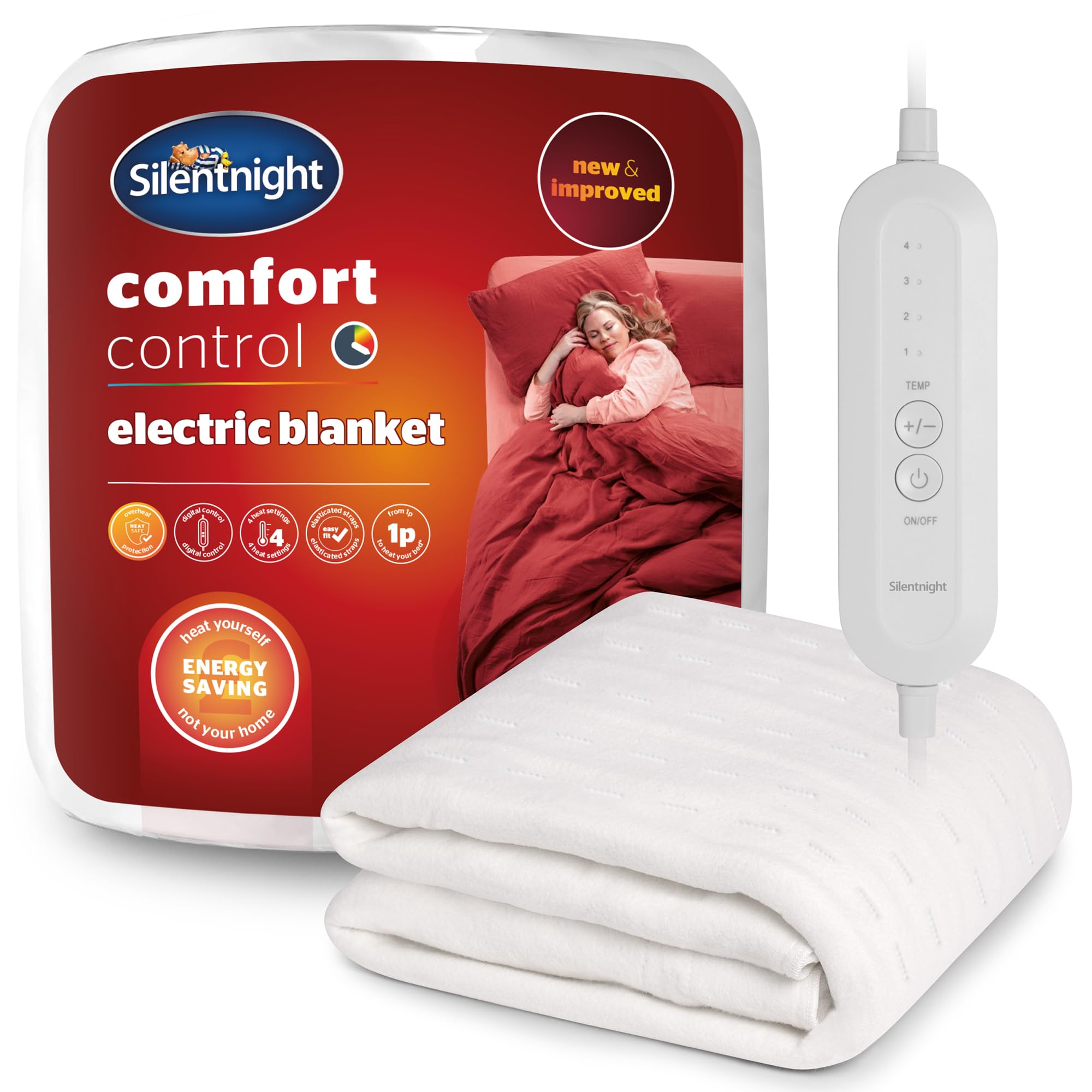Silentnight Comfort Control Electric Blanket Double - Heated Electric Underblanket with 3 Heat Settings, Fast Heat Up, Overheat Protection and Easy Fit Straps - Machine Washable - Double 135x120cm