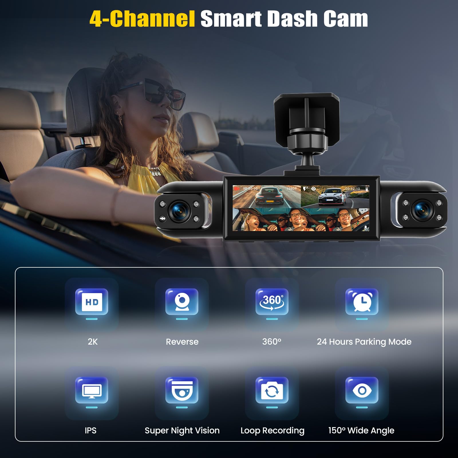 360° 4 Canaux Dashcam Voiture Avant Arriere, 3-Pouces Caméra Embarquée Voiture avec Vision Nocturne 8 IR, Vidéo en Boucle, Aide au Stationnement