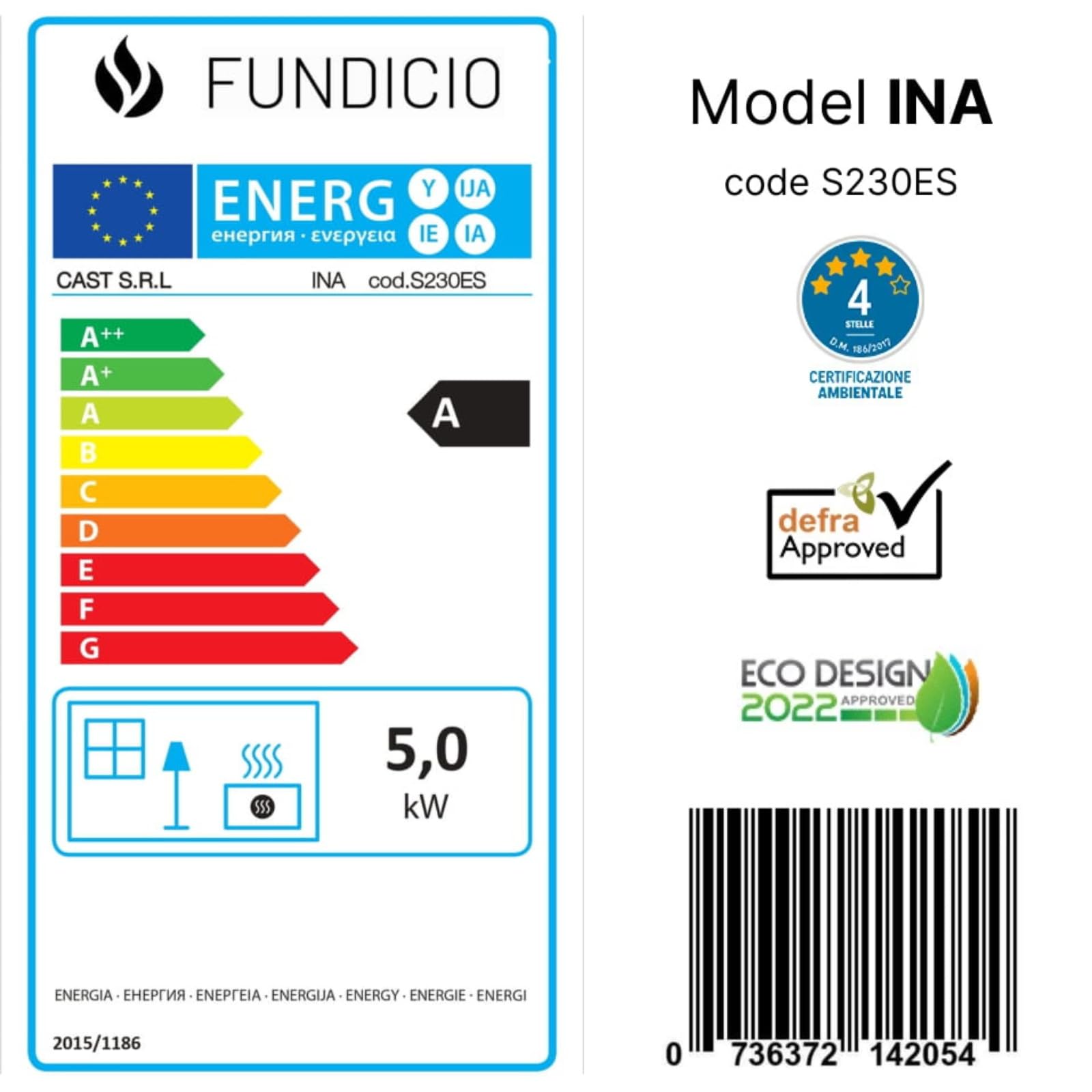 Poêle à bois en fonte INA 5 kW | Design moderne, triple combustion, verre céramique 750°, 100 m³ chauffables | Haute efficacité 78,8% | Certifié 4 étoiles
