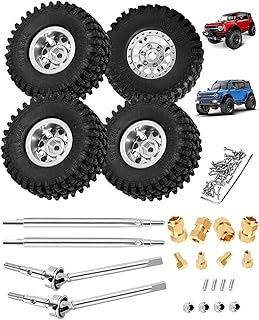 Rcarmumb RC Beadlock Wheel Tire Set with 10mm Hex Hub & Driveshafts CVD Upgrades Parts for 1/18 TRX4M,#45 Steel Front & Rear Drive Shafts,Tires Set & 10mm Extended Wheel Hex Hub Hop-Up,Silver