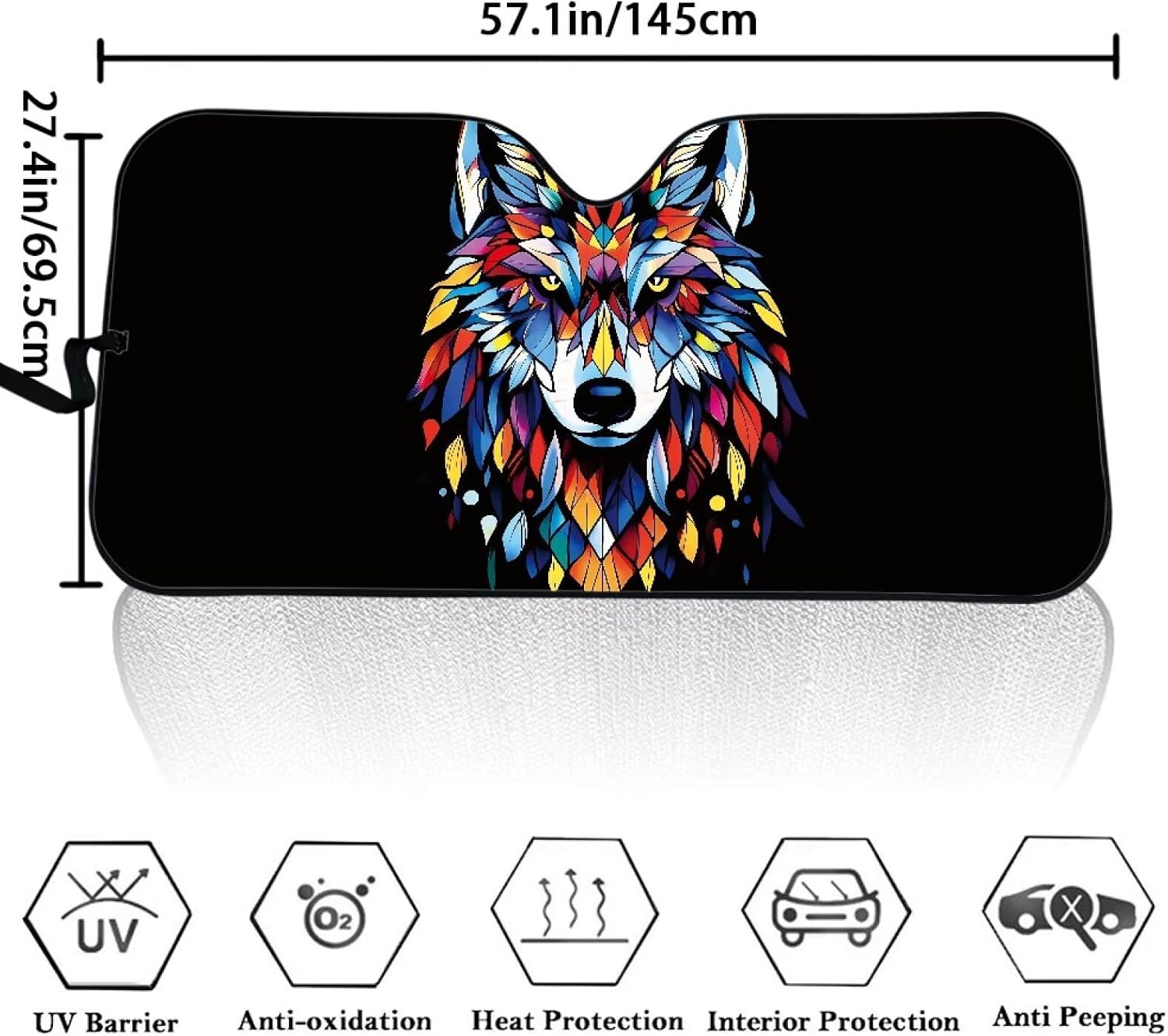 Amzbeauty Wolf Geometric Print Foldable Vehicle Sunshade Offers Convenient Storage and Maximum Coverage