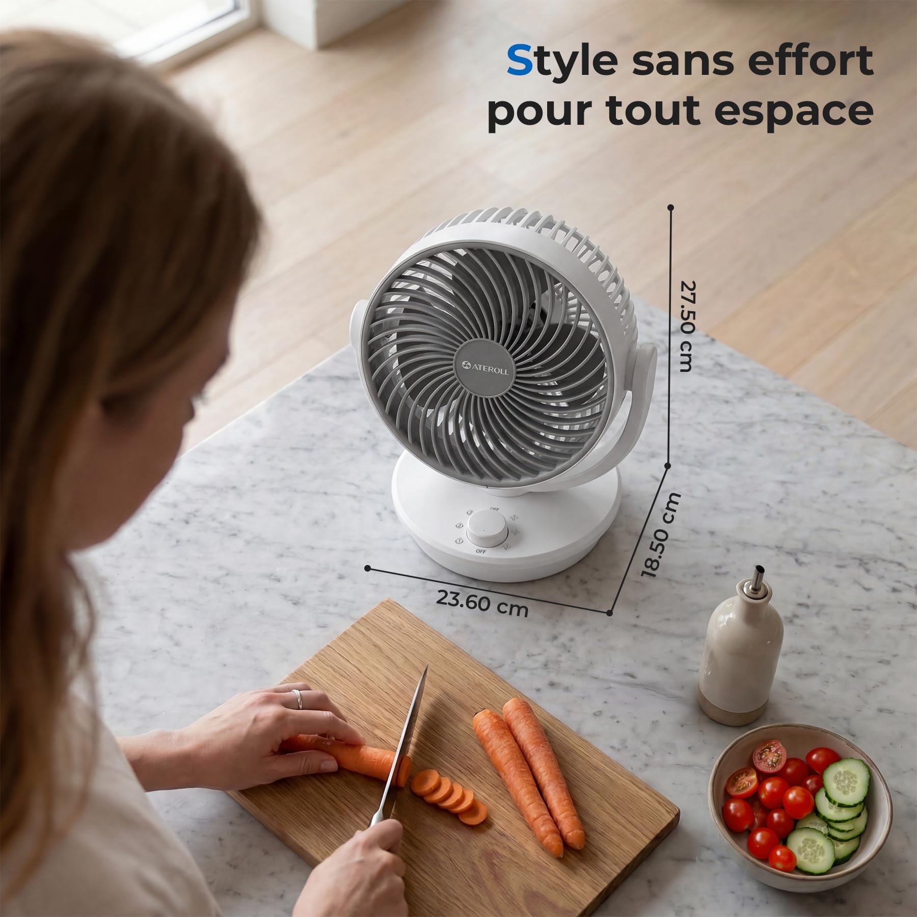 Ateroll Ventilateur Ultra Silencieux 27,5 cm, Ventilateur de Table Petit Circulateur d'Air 3D Turbo 3 Vitesses, 130° Vertical & 100° Horizontal Oscillant, Silencieux pour Chambre Salon Bureau