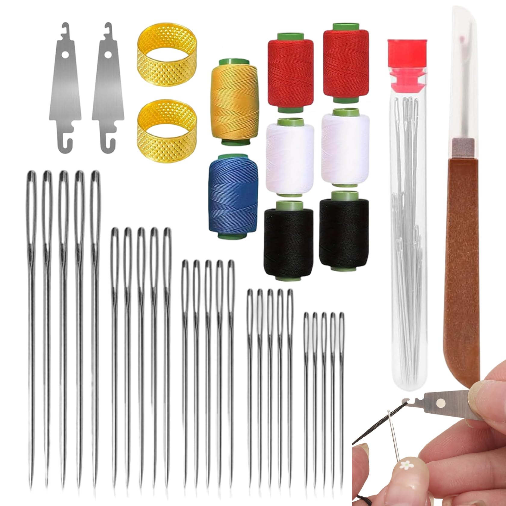 39-Piece Stainless Steel Hand Sewing Needles Kit, Big Eye Needles with Threader Thimble Spools
