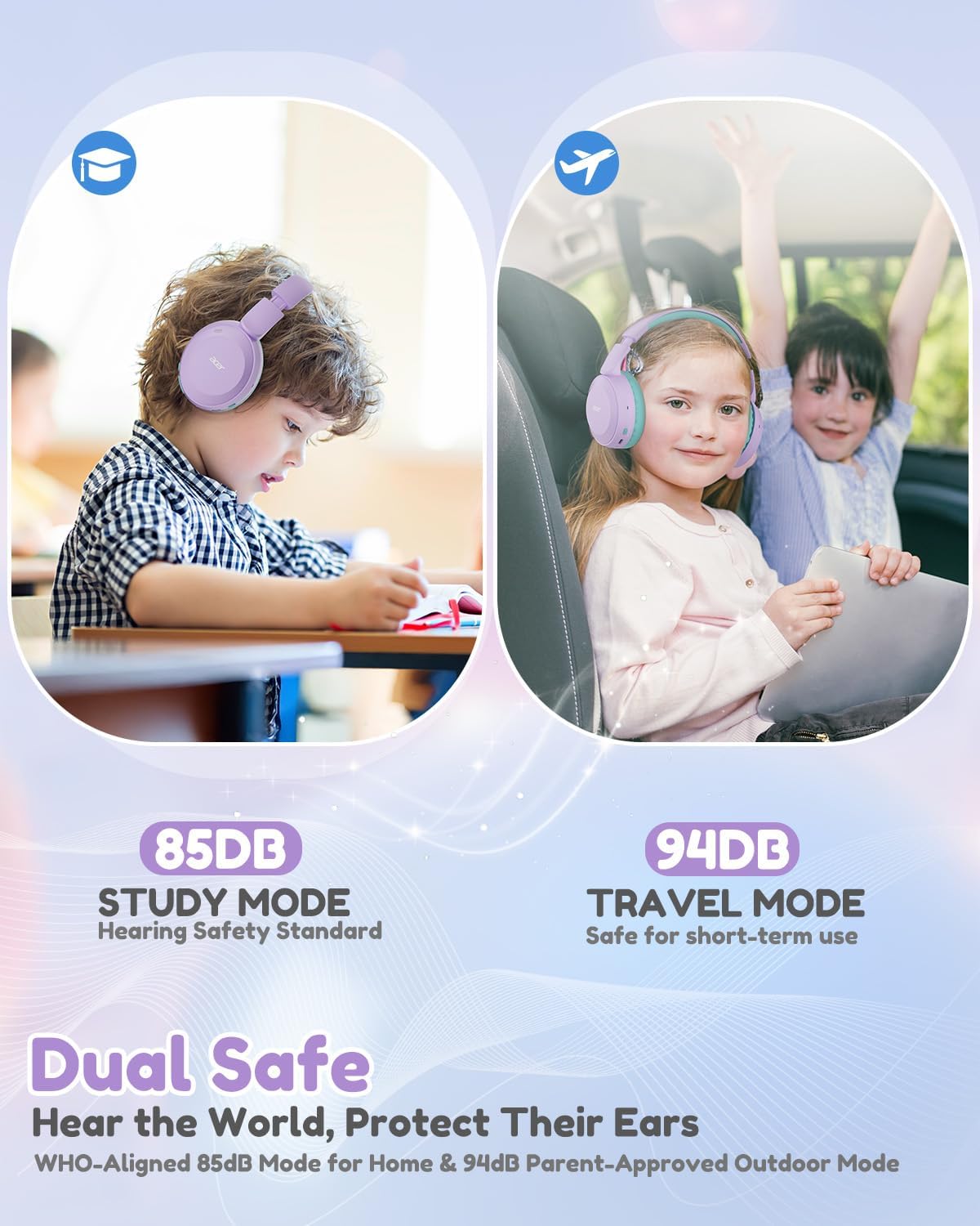 acer Kids Bluetooth Headphones, 85/94dB Volume Limited, 60H Playtime, Bluetooth 6.0, Lightweight Over-Ear Wireless Headphones for Kids, Toddler Headphones with Built-in Mic, Purple-Green - Image 2
