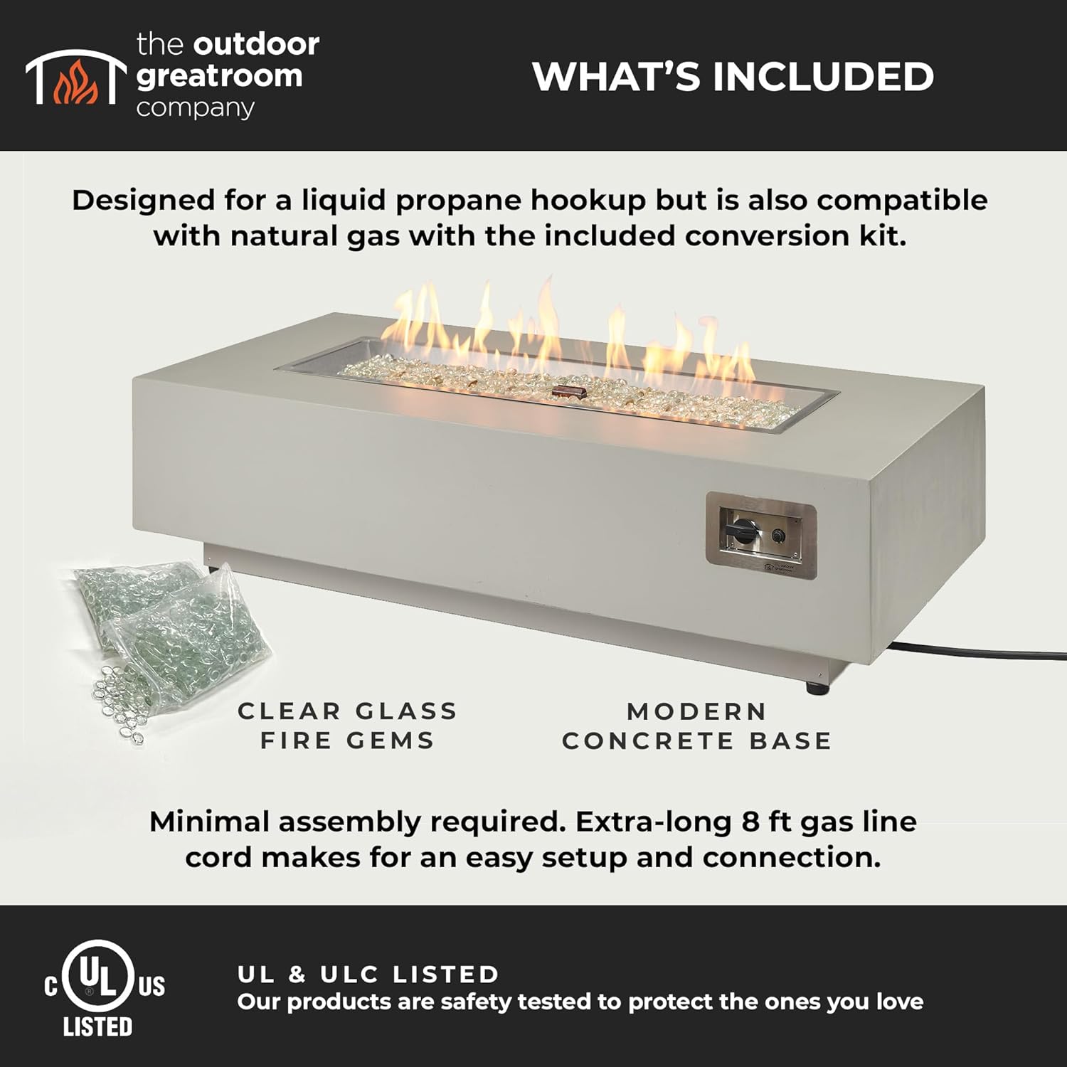 Outdoor GreatRoom Co. Harbor View Gas Fire Pit Table Rectangular Concrete Fire Pits for Outside Patio - 65,000 BTU Propane Fireplace Heater, Glass Coffee Table Cover, Clear Fire Rocks