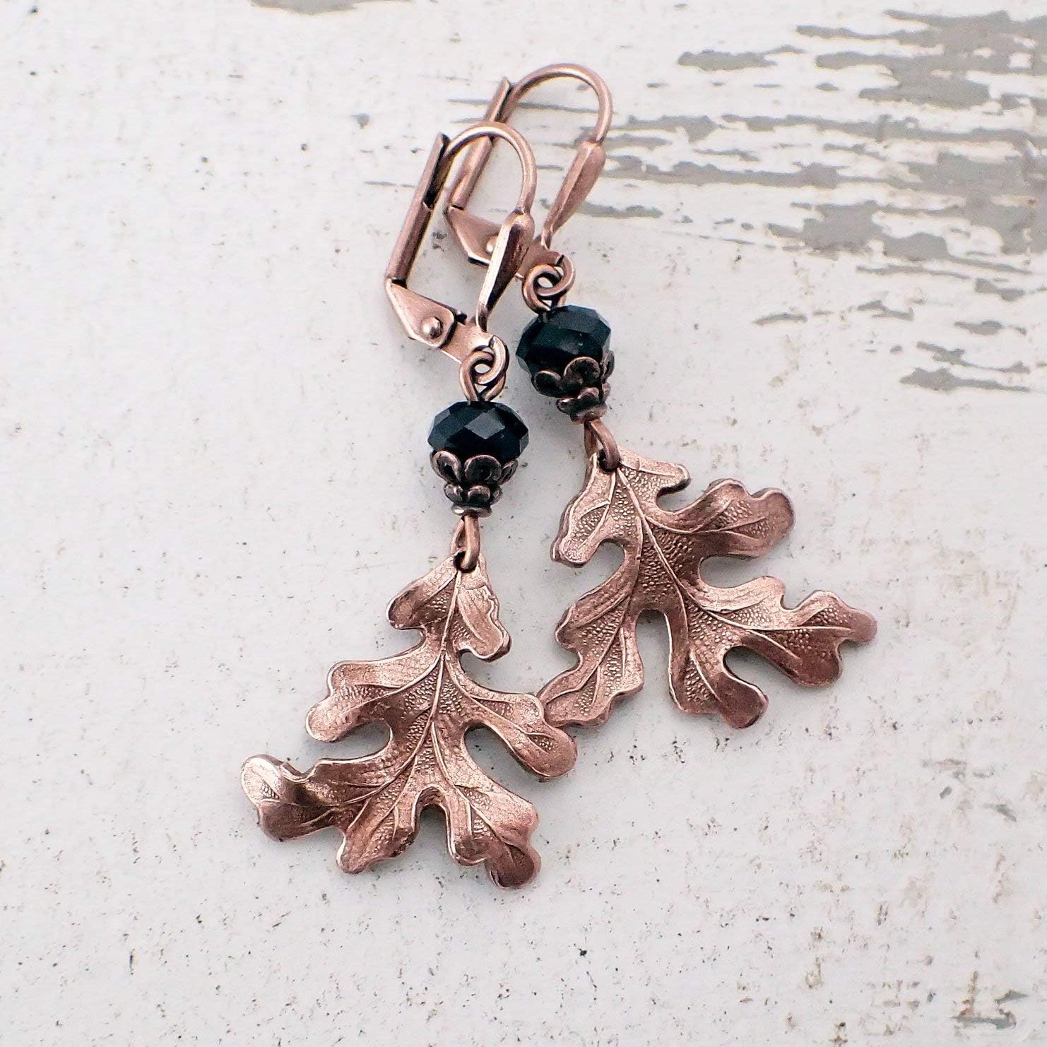 Wild Oak Leaf Lever Back Earrings with Black Crystal Beads