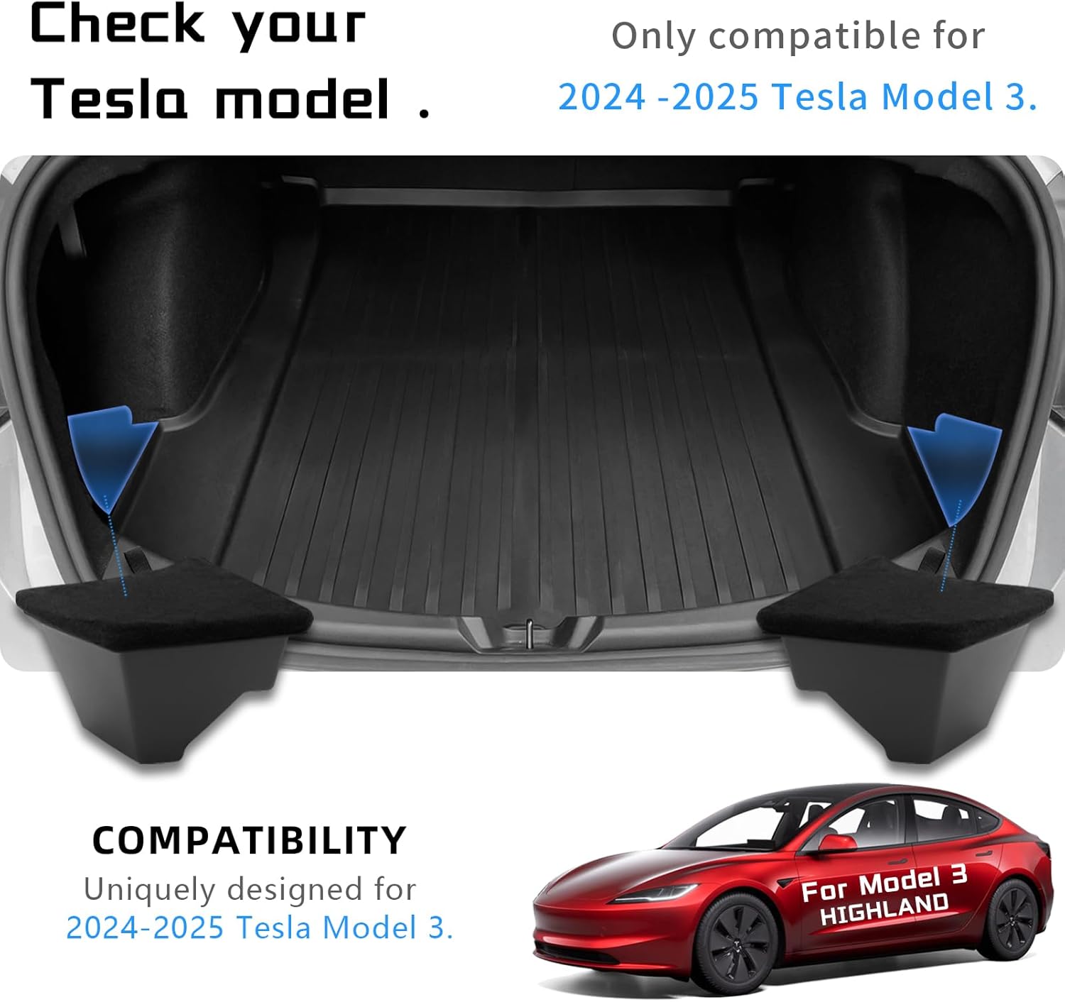 2PCS Trunk Organizer for Tesla Model 3 Highland Trunk Storage Bins with Carpeted Lids TPE Waterproof Odorless Rear Side Storage Box Interior Accessories 2024 2025