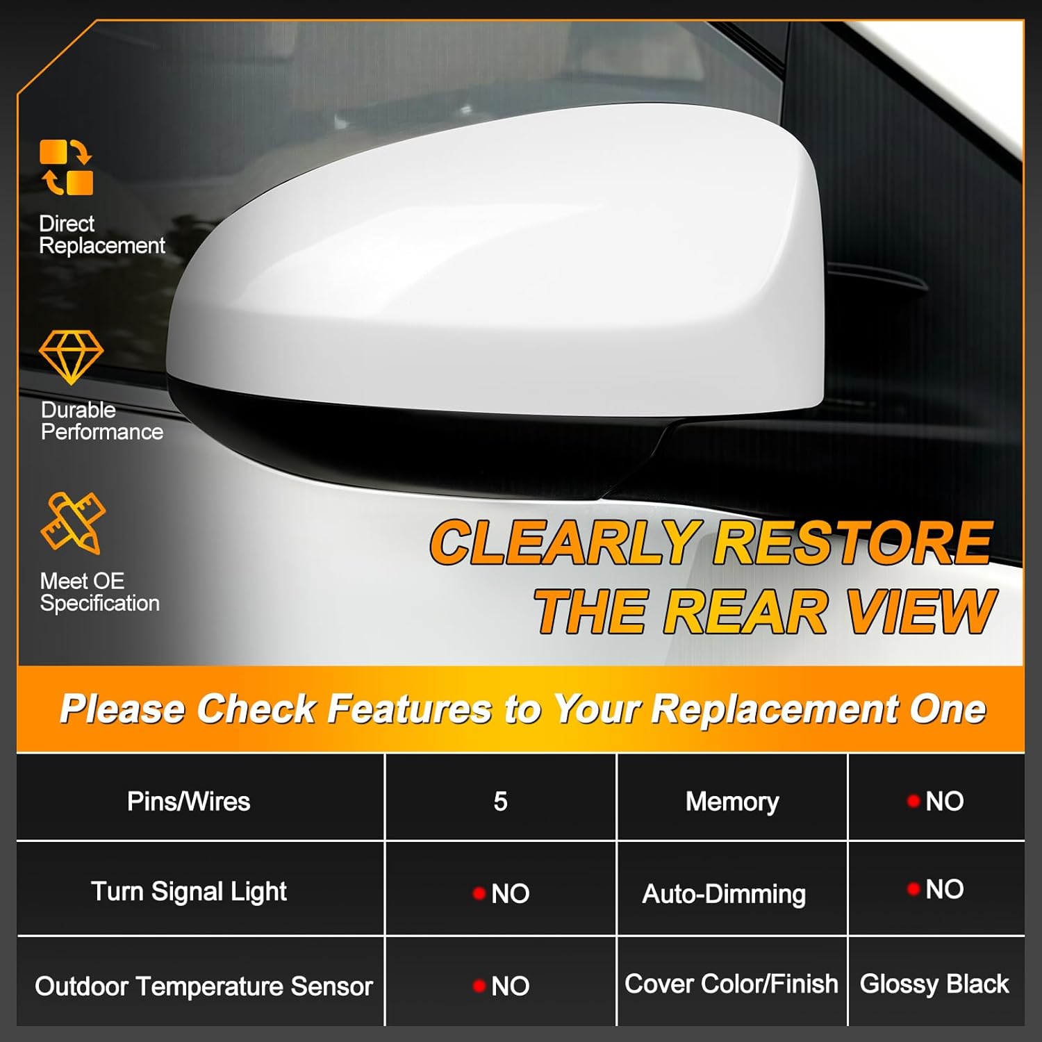 Right Passenger Side Door Mirror Assembly Replace for 2014-2019 Toyota Corolla, with Power Glass Adjustment, Heated Mirror Glass, Manual Folding (Right, 5 Pins)