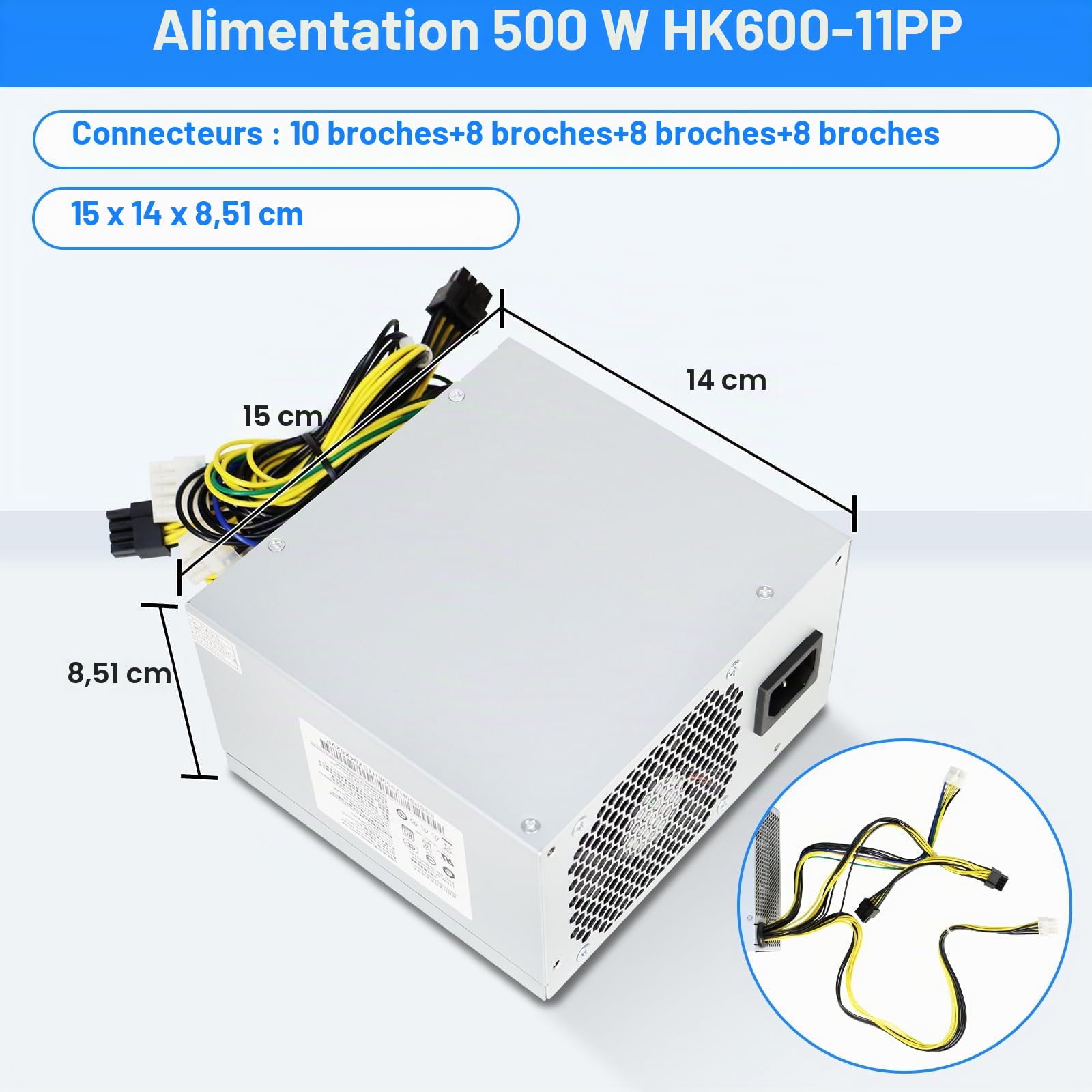 Alimentation 500 W HK600 améliorée -11PP Compatible avec Lenovo P330 P340 P350 P328 P310 M930T T4900K PCK010 FSK010 5P50V03181 5P50V03218 SP50H29598 FSP600-60AGPAA Alimentation à découpage