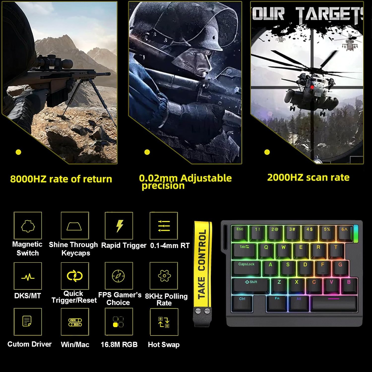 HE30 Rapid Trigger Gaming Keyboard,One-Handed Magnetic Switch Hall Effect RGB HotSwap Custom Mechanical Keyboard Adjustable Actuation,8kHz Hyper Polling Rate,SOCD,Mini Macro Gasket Keypad (Black)