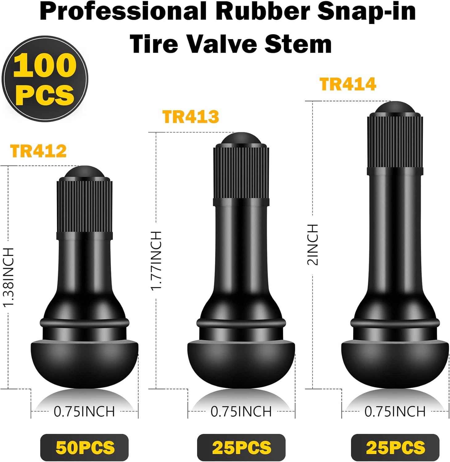 100 Pieces TR412 TR413 TR414 Tire Valve Stems Rubber Black Rubber Snap-in Valves,Tubeless Valve Stems Suit for 0.453 inch Rim Holes on Standard Vehicle Tires