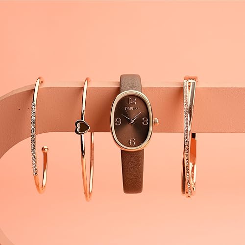 Miniatura 6 de TIME100 Reloj ovalado para mujer y pulsera acentuada con cristal de primera calidad, correa de cuero