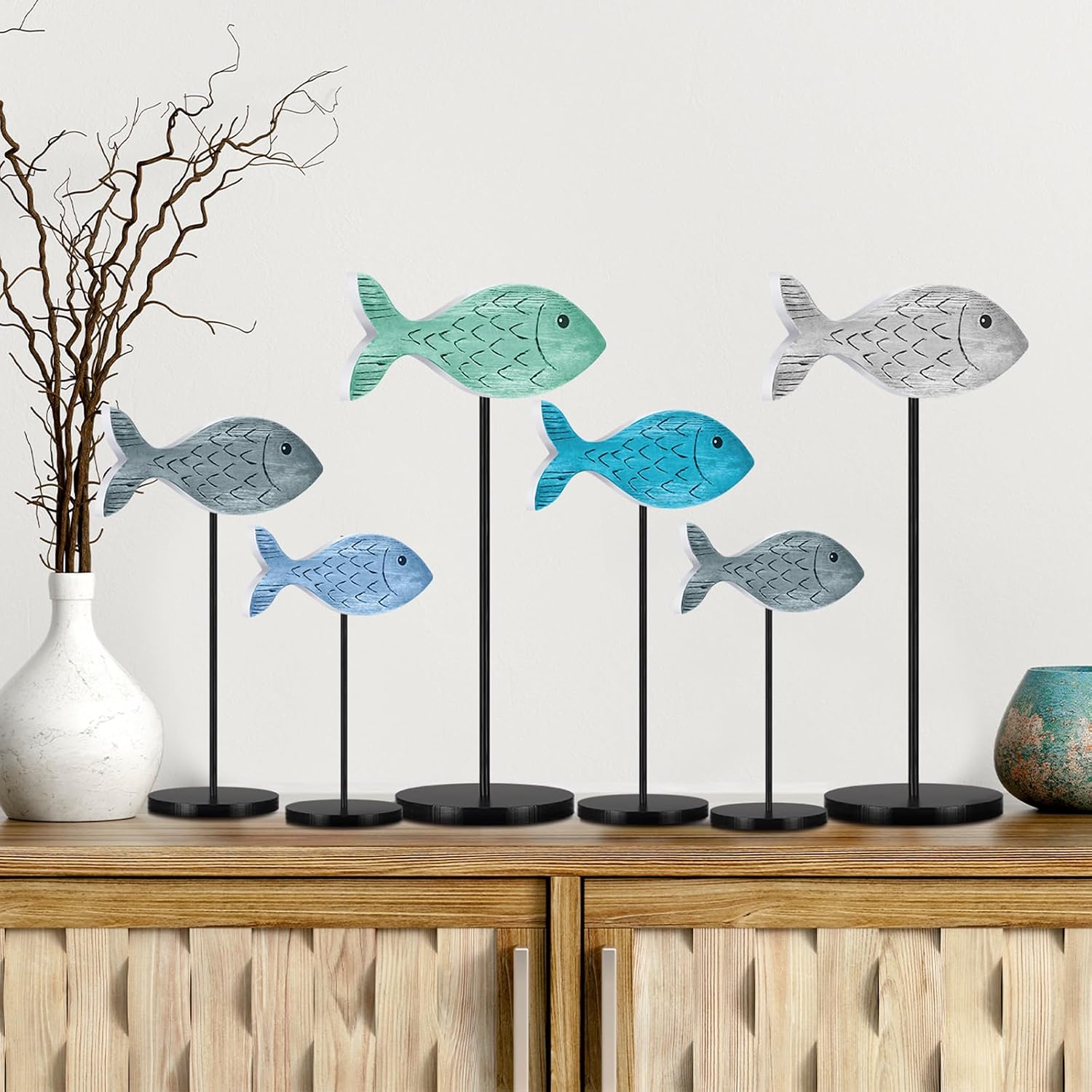 Geetery 12 Pcs Wooden Fish Table Decor Summer Ocean Tabletop Centerpiece Sea Animal Standing Sign Rustic Wood Fish Home Decor Coastal Beach Figurines Block for House Office (Classic Style)