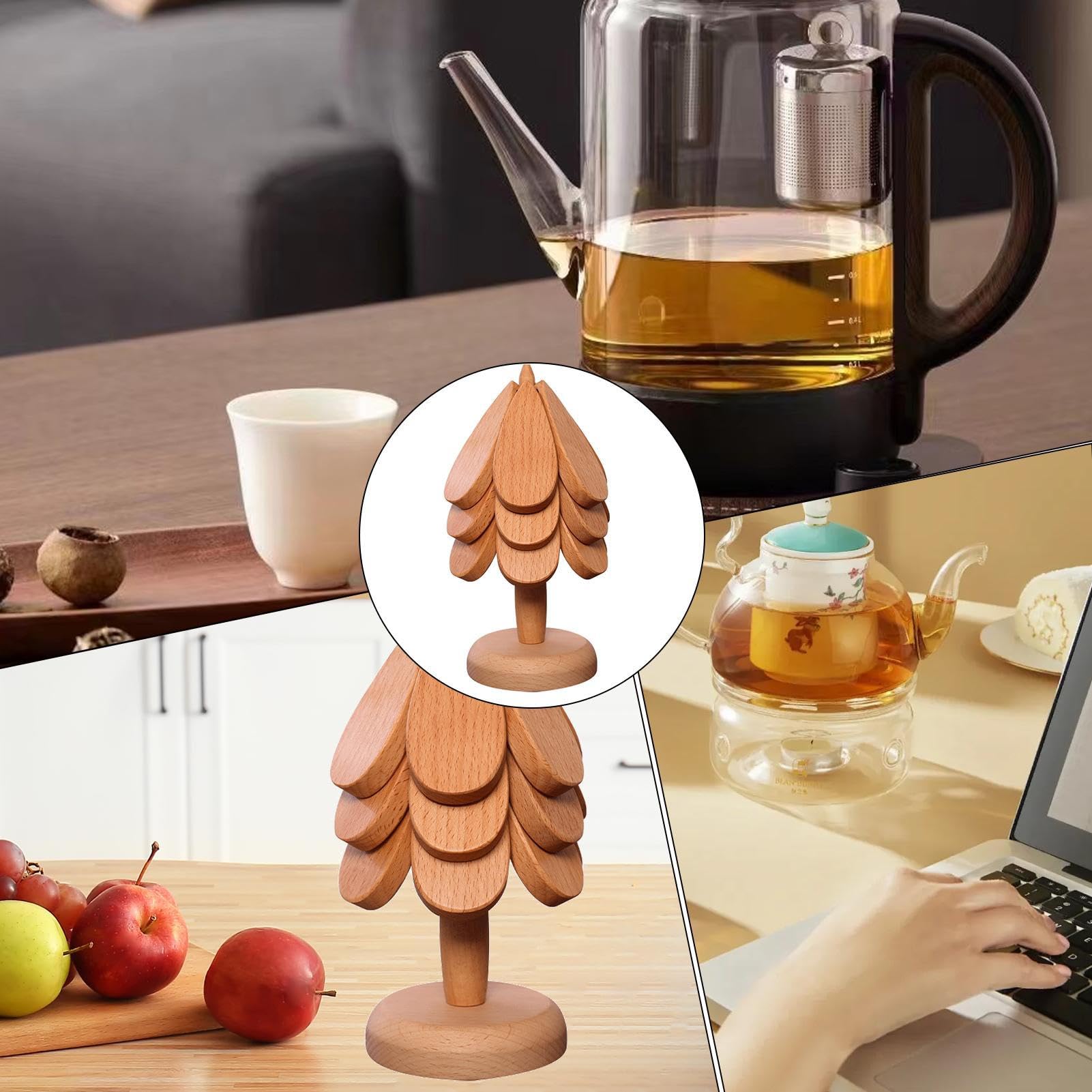 Dessous de Verre en Bois pour Arbre, Ensemble de Dessous de Plat en Bois | Ensemble de sous-verres en bois de hêtre, support d'arbre décoratif avec 3 sous-verres et 1 support pour