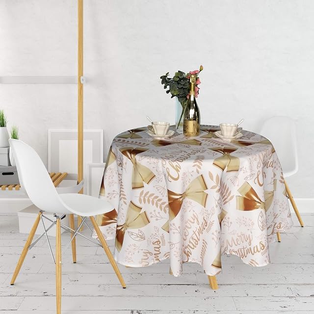 Round Christmas Table Cloth Wipe Clean Tablecloths Rectangular Water Resistant Polyester Table Protector for Dining Room Xmas Holiday Party Winter Home Decor, 70 Inch, Floral Leaves - White