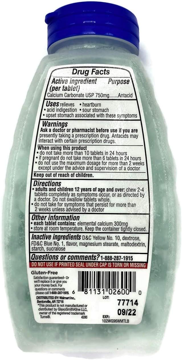 Equate Extra Strength Antacid Wintergreen 750 mg 96 Chewable Tabs Compare to Tums EX (1)
