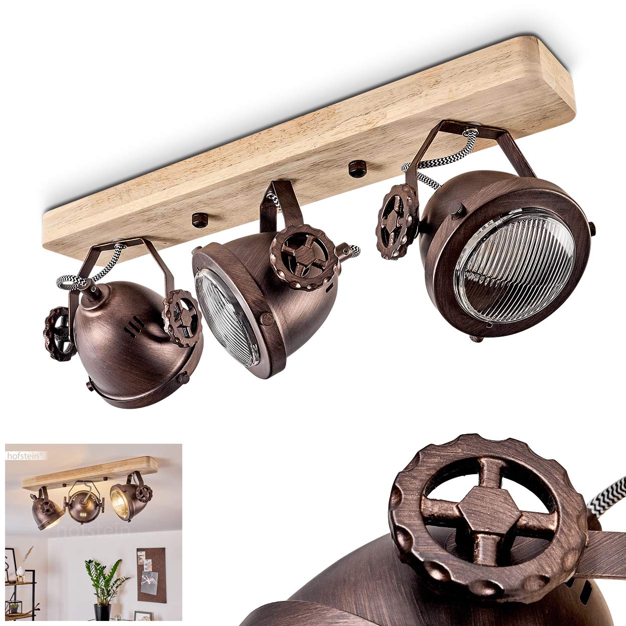hofstein Ceiling lamp Herford, Adjustable Ceiling lamp Made of Metal/Wood/Glass in Brown/Copper/Nature, 3-Flame, 3 x GU10-socket, Swivel and tiltable spot in Retro Design, Without Bulbs