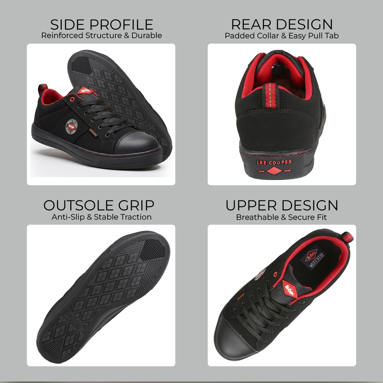 Lee Cooper ‎LCSHOE054 Unisexowe obuwie ochronne robocze SB/SRA w stylu retro baseball nowoczesny design buty robocze BHP, Czarny, 42 EU