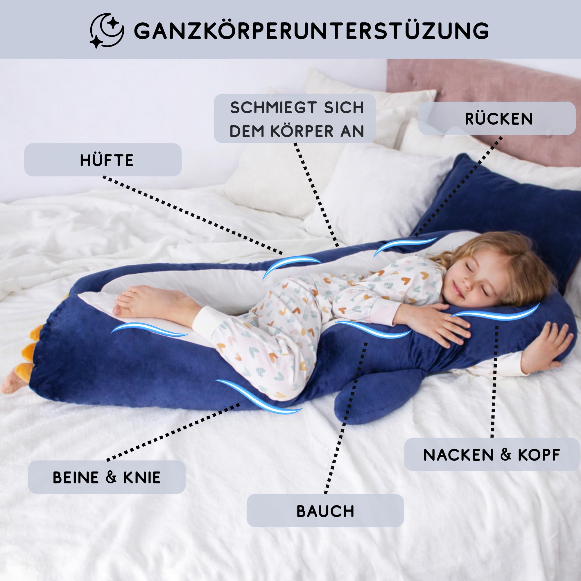 DRACA Seitenschläferkissen Kinder Pinguin Komfortkissen Anti Stress ADHS Einschlafkissen Multifunktionskissen Baumwolle Tierform Großes Kuschelkissen