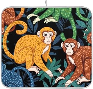 Jungle Monkeys Leaves Black Pattern Absorbent Dish Drying Mat Microfiber Dish Drying Pad for Kitchen Counter 16 x 18 Inch