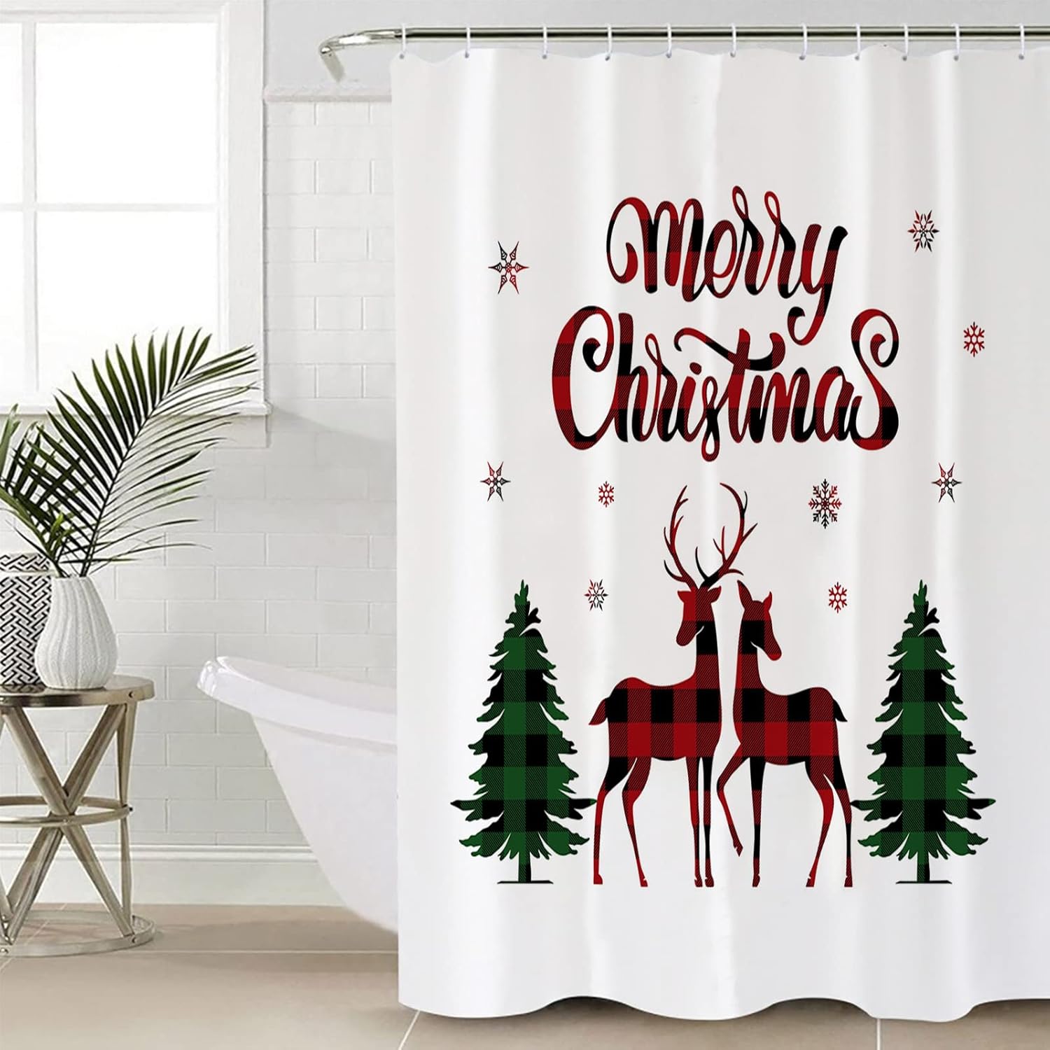 Christmas Red Black Buffalo Plaid Shower Curtain Christmas Reindeer Shower Curtains,Waterproof Polyester Fabric Bath Curtains with Hooks, Farmhouse Bathroom Decor 54x78in