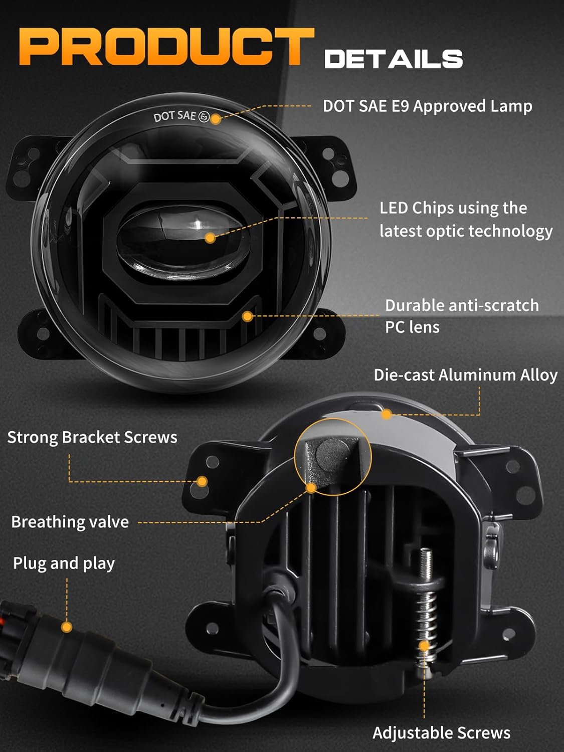 4 Inch LED Fog Lights Round White & Amber Compatible with Jeep Wrangler JK Unlimited JKU 2007-2018, DOT Approved Front Bumper Offroad Fog Lamps Assembly Replacement - Pair