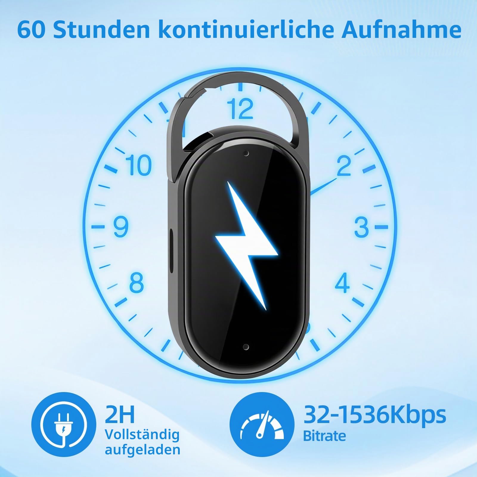64 GB Digitales Diktiergerät - tragbarer Mini-Digitaler Audio-Aufnehmer mit Spracherkennung und MP3, Schlüsselanhänger-Design, AGC-Rauschunterdrückung, für Unterrichte, Meetings (Black)