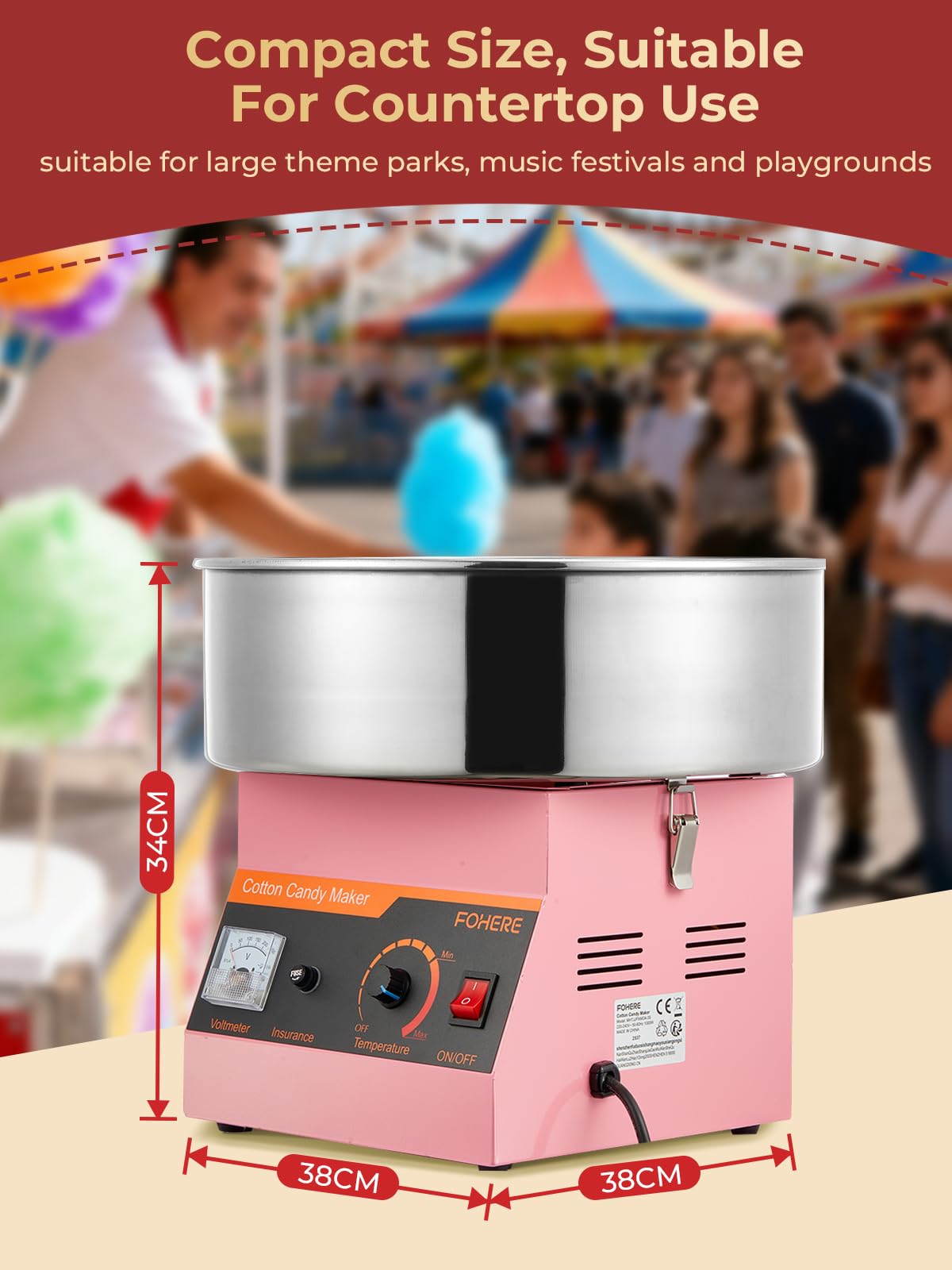 FOHERE Zuckerwattemaschine 1000W – Profi Zuckerwattegerät mit 38cm Edelstahlschüssel & Dosierlöffel – Schnelle Aufheizung, Einfache Reinigung – Ideal für Kindergeburtstag, Jahrmarkt & Partys