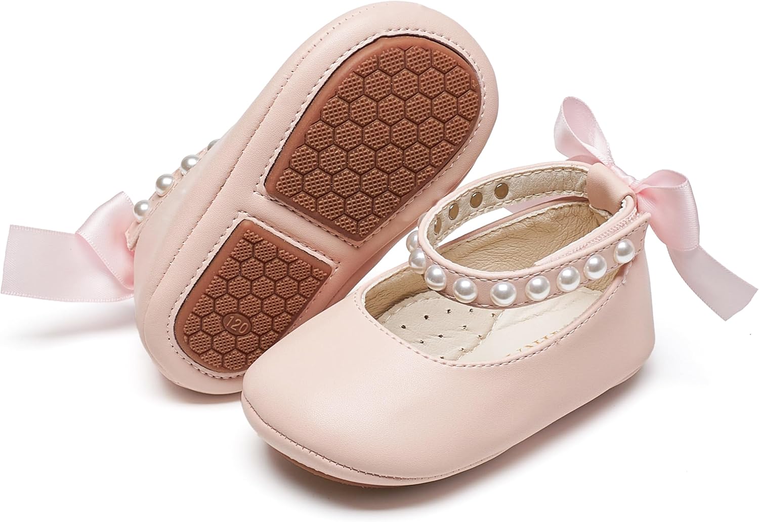 Baby Girls Mary Jane Flats - Infant Newborn Walking Shoes Soft Rubber Sole Princess Wedding