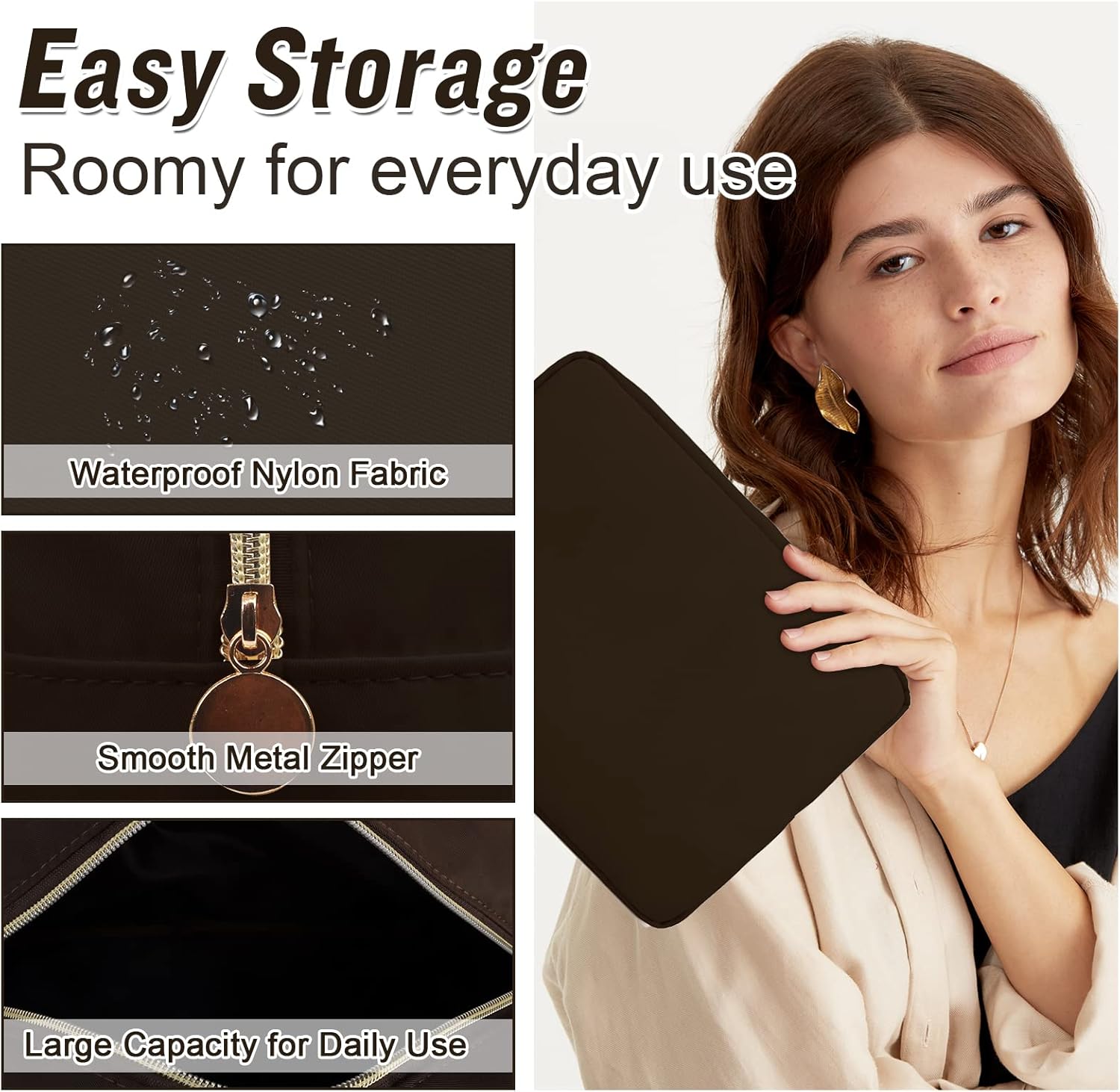 Nylon Large Makeup Bag Travel Pouch for Women, Preppy Big Makeup Bag Cute Cosmetic Zipper Pouch Purse, DIY Chenille Letter Bag Waterproof Toiletry Bag Clutch Make Up Organizer for Women Girls(Brown) - Image 3