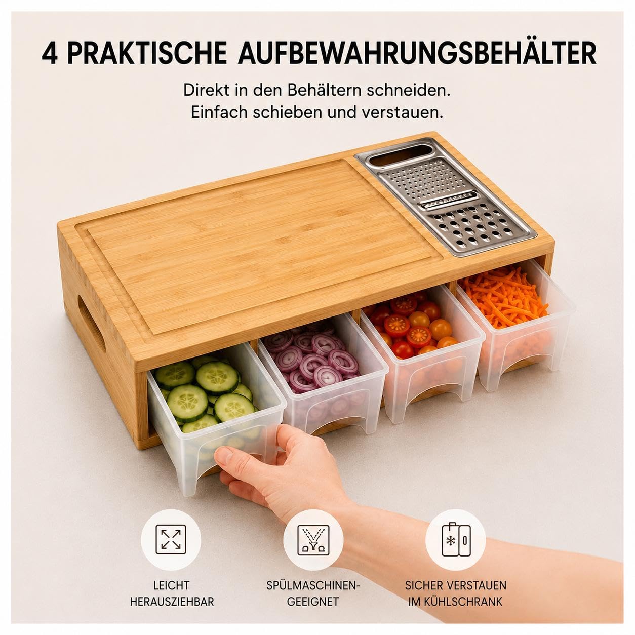 Planche à découper en bambou avec bac de récupération et 4 récipients - Coupe-légumes avec râpe/mandoline - Grande planche de cuisine antidérapante pour légumes, fruits et viandes