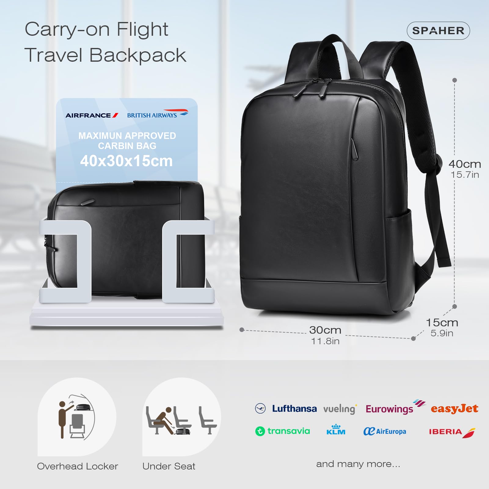 SPAHER 20L Skóry Plecak Podróżny 40x30x15cm British Airways Bagaż Podręczny do Samolotu Plecak na Laptopa 15,6 Calowy Wodoodporny Roboczy Szkolny Biznesowy Plecak Mężczyzna Kobieta