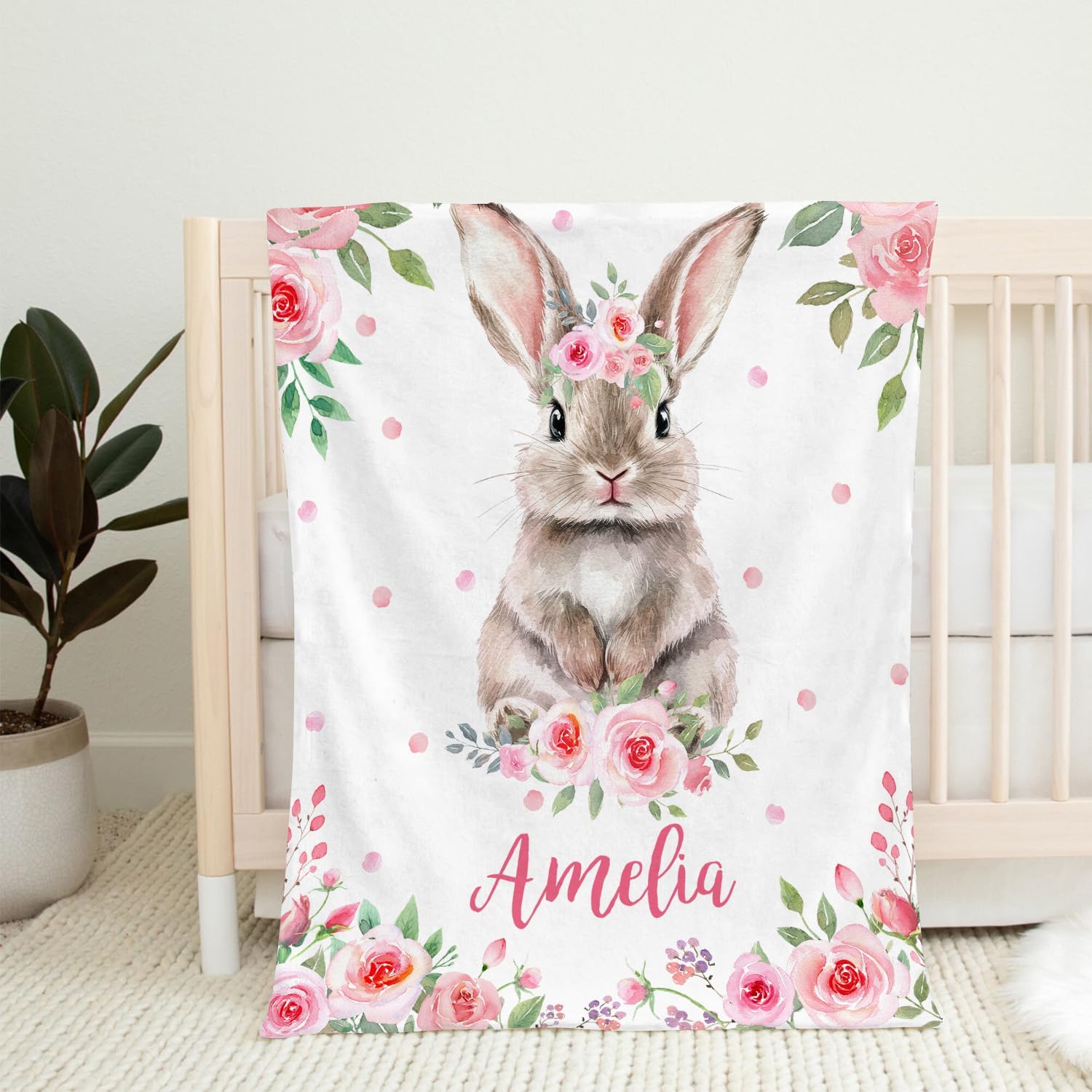 Personalized Baby Girl Bunny Blanket, Personalized Baby Name Blanket, Pink Floral Bunny Rabbit, Personalized Bunny Rabbit Milestone, New Baby Gift, Bunny Nursery