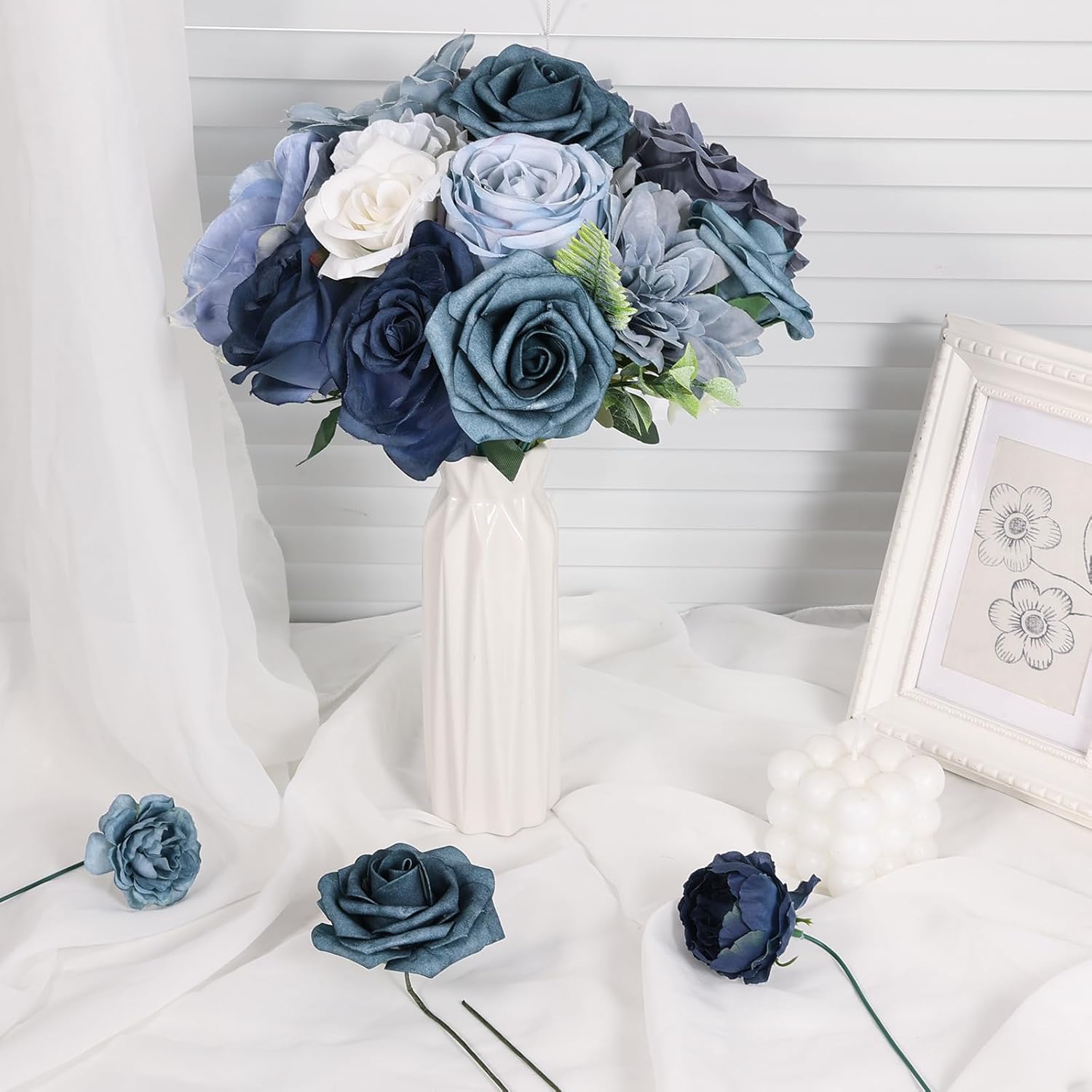 Artificial Flowers Combo Box Set Dusty Blue Bouquet Flowers for Wedding Centerpieces Arrangements Bridal Shower Party Decorations Fake Floral for Home