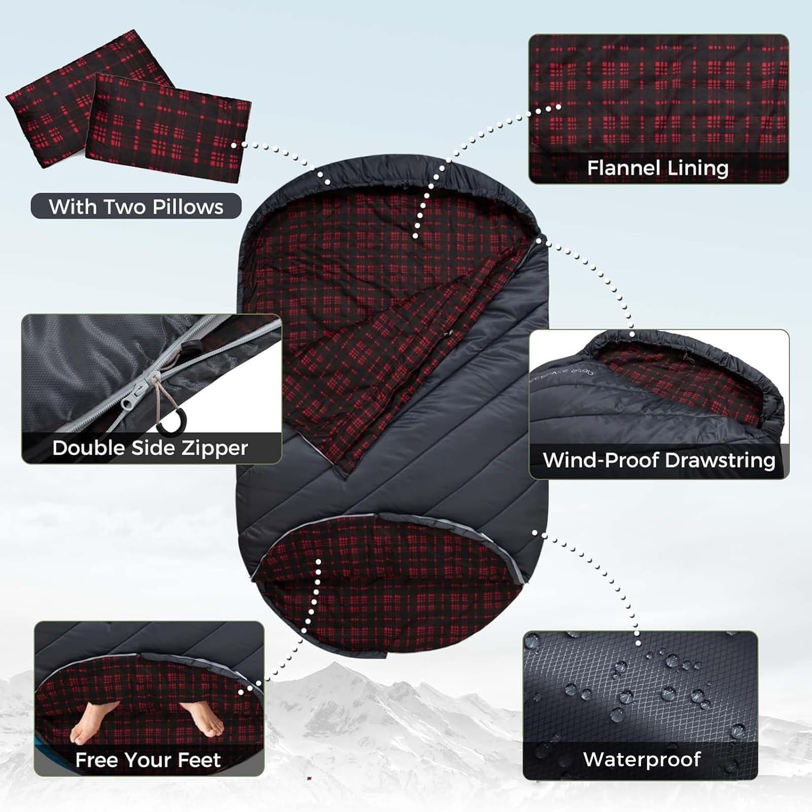 KingCamp Sac de couchage double pour adultes, grand lit, 2 personnes, sac de couchage en flanelle, léger, imperméable, avec 2 oreillers et sac de compression pour couples et famille, camping, gris