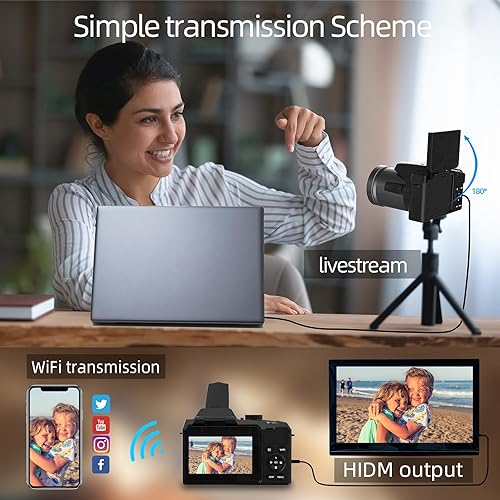 Miniatura 6 de Monitech Cámara digital para fotografía de 64 MP, cámara de vlogging 4K para YouTube con pantalla abatible de 3 pulgadas, zoom digital 16X, WiFi y