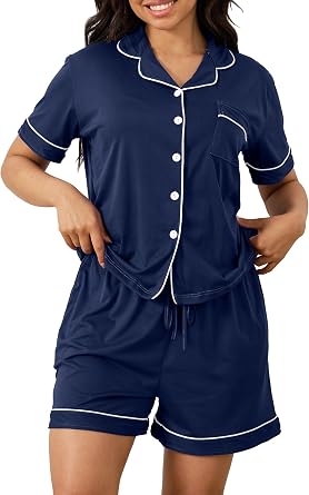 Vopmocld Women Button Down Pajama Sets Cozy 2pcs Short Sleeve & Shorts Sleepwear Solid Softness Nightwear with Pockets